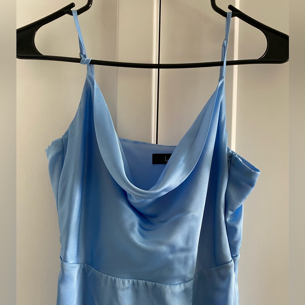 Lulus Formal Invitation Light Blue Satin Cowl Neck Maxi Dress in Size XS, M - Picture 5 of 7